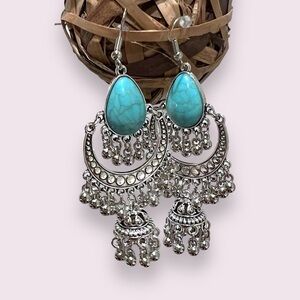 Faux turquoise boho dangly fashion earrings, silver tone, NEW
